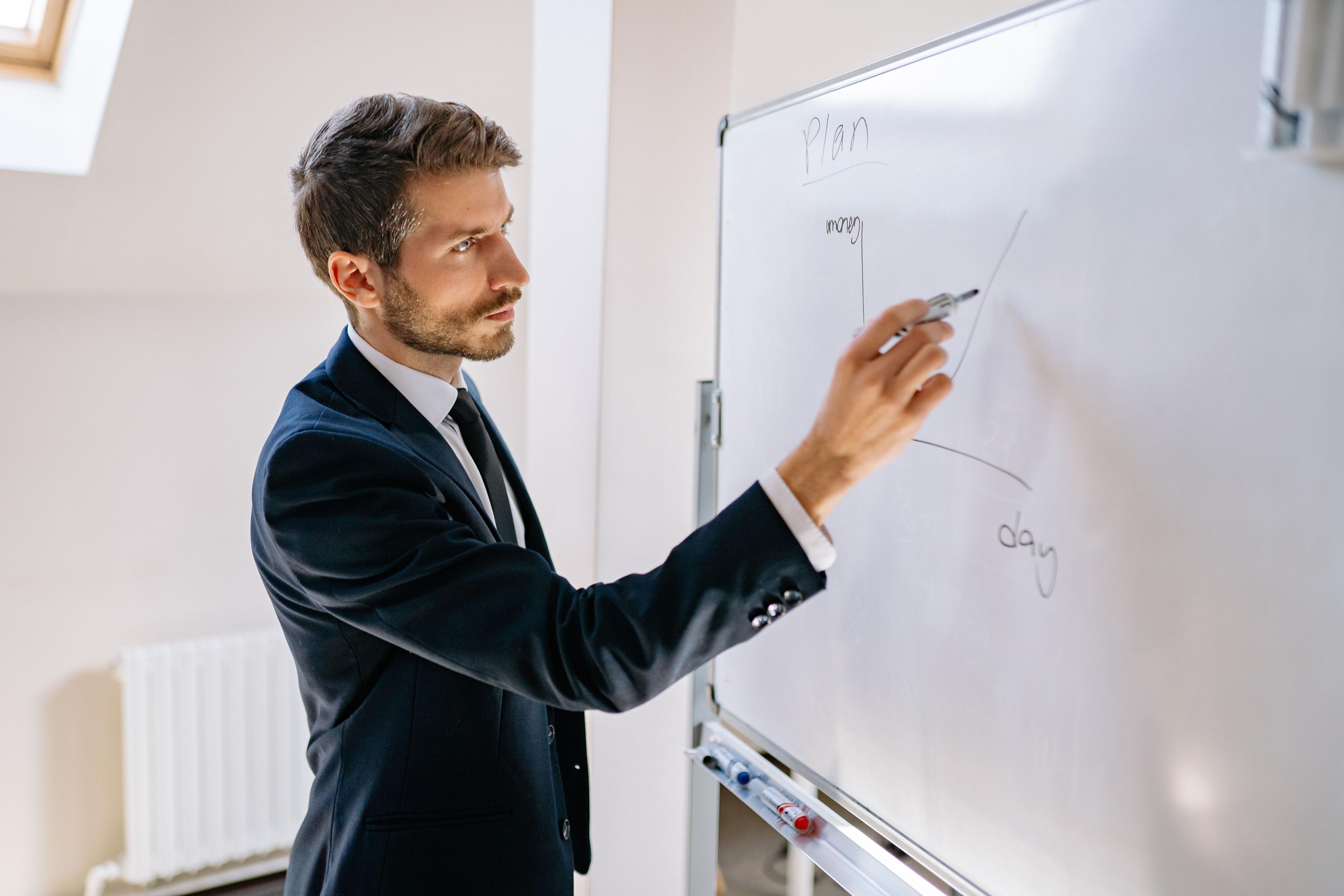 HR-Manager berechnet Fluktuationsrate mit Formel auf dem Whiteboard HR-Manager berechnet Fluktuationsrate mit Formel auf dem Whiteboard